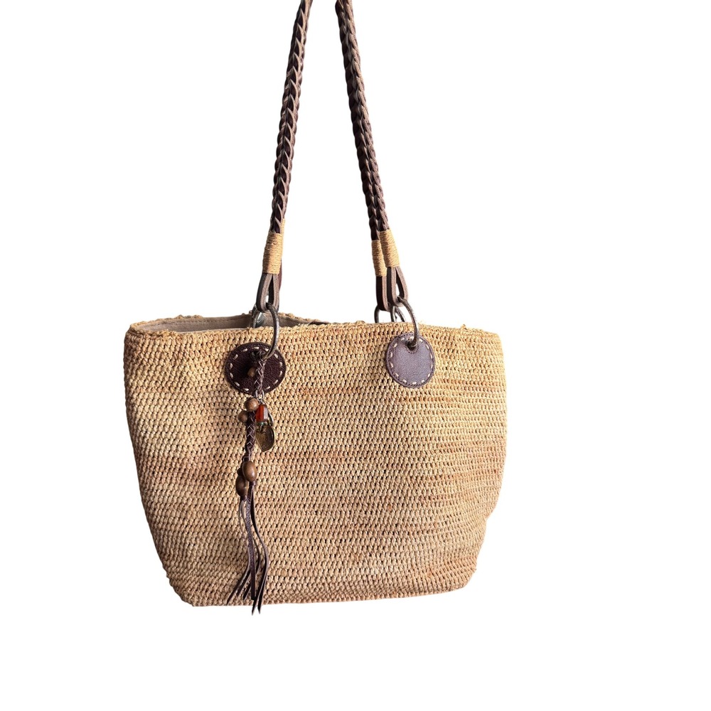 Brighton Straw Woven Raffia Tote Bag Braided Leather Straps Heart Charm Brown
